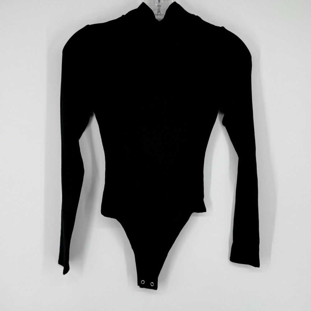 GOOD AMERICAN Ruched Turtleneck Bodysuit Black Long Sleeve High Neck Thong 0/SM - Picture 3 of 9